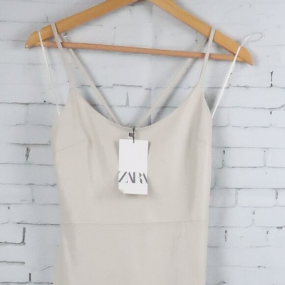 ZARA LIGHT GREY FAUX LEATHER SPAGHETTI STRAP MIDI DRESS SIZE MEDIUM NWT - Picture 7 of 13
